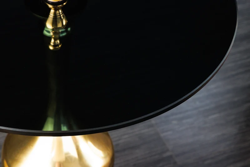 Table d'appoint design ABSTRACT 45cm métal doré plateau verre noir fait main ronde