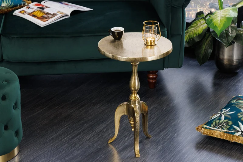 Table d'appoint baroque SAVOY 55cm métal doré trépied ronde vintage