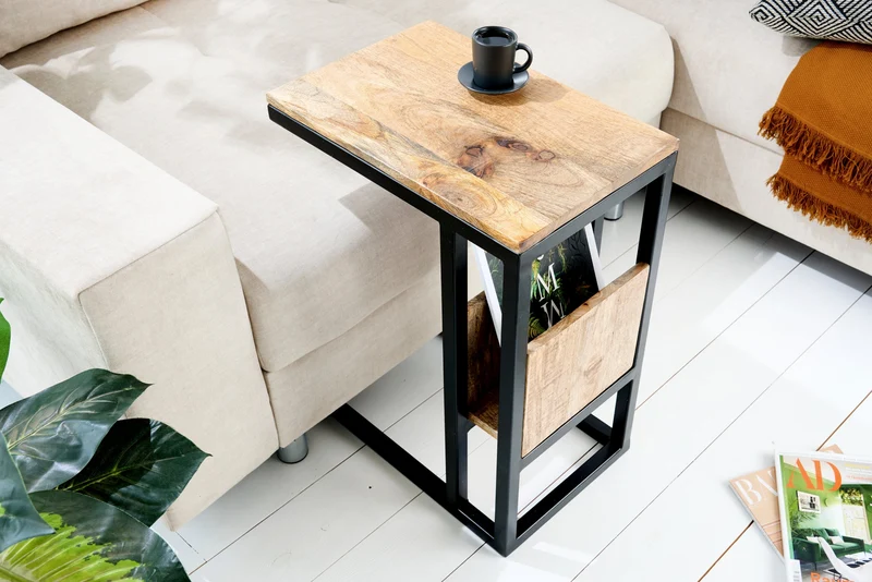 Table d'appoint moderne CONCIERGE 60 cm en bois de manguier naturel avec espace de rangement et structure en métal