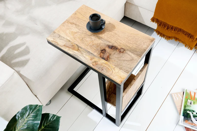 Table d'appoint moderne CONCIERGE 60 cm en bois de manguier naturel avec espace de rangement et structure en métal