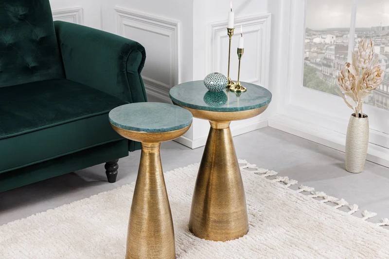 Table d'appoint ronde ELEMENTS 60 cm en marbre vert doré faite main