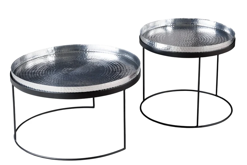 Lot de 2 tables basses rondes ELEMENTS 60cm plateau métal noir argenté table d'appoint