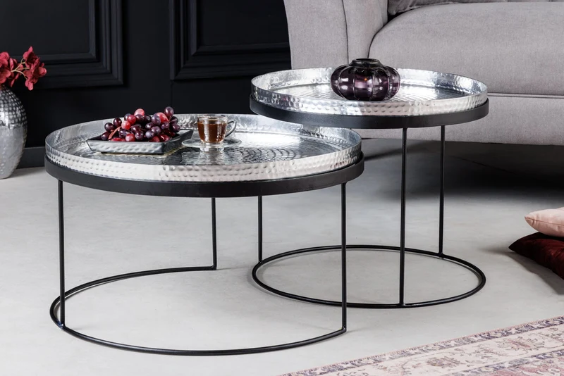 Lot de 2 tables basses rondes ELEMENTS 60cm plateau métal noir argenté table d'appoint