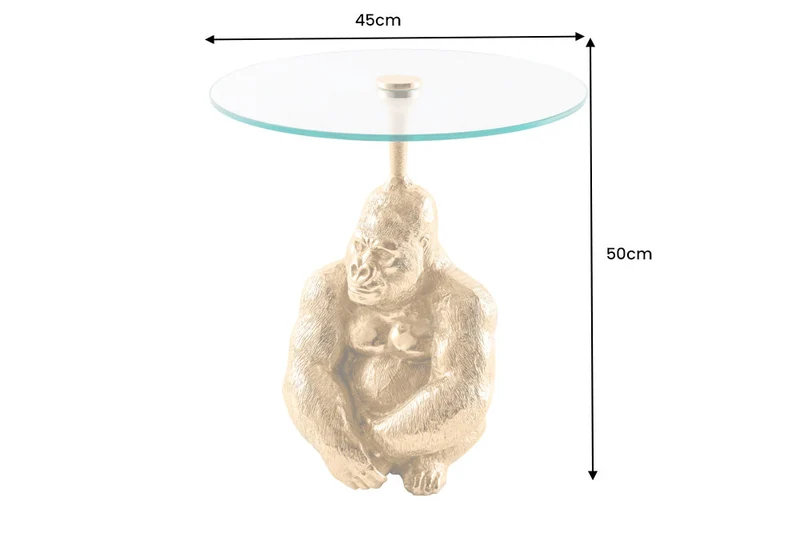 Table d'appoint ronde KONG 50cm métal doré verre figurine singe sculpture gorille