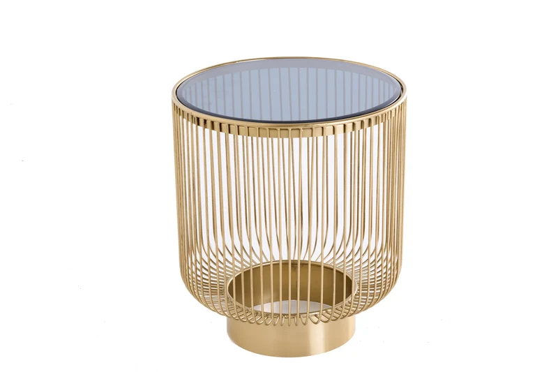 Table d'appoint design filigrane VARIATION 50cm métal doré ronde verre noir fait main