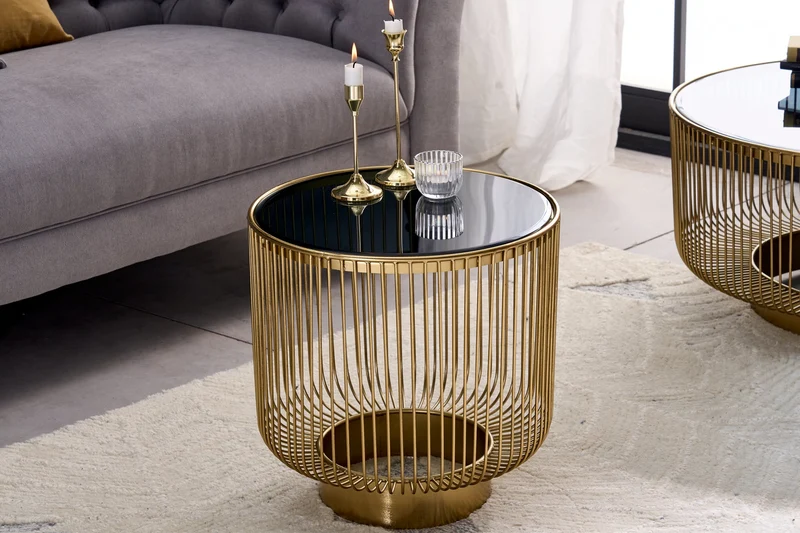 Table d'appoint design filigrane VARIATION 50cm métal doré ronde verre noir fait main