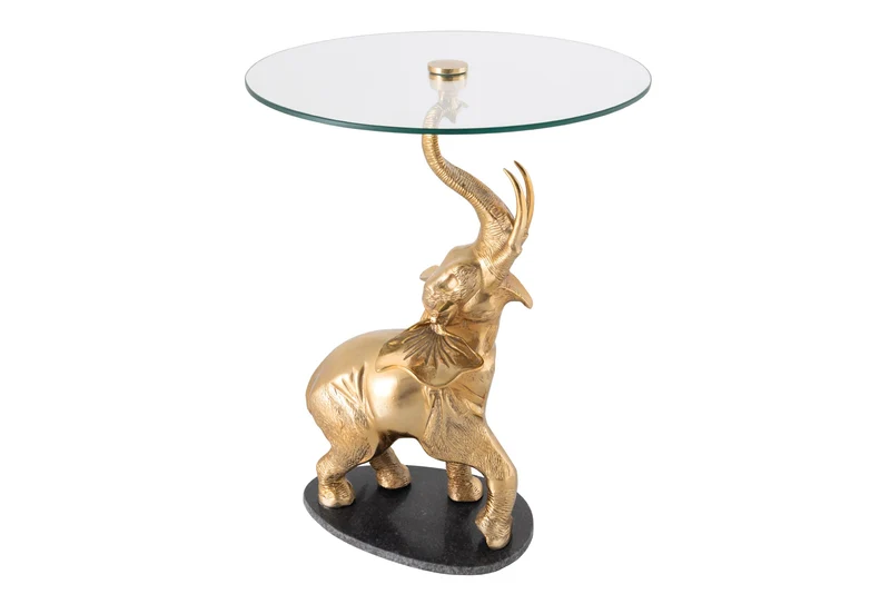Table d'appoint ronde ELEPHANT 80cm métal doré verre marbre sculpture fait main