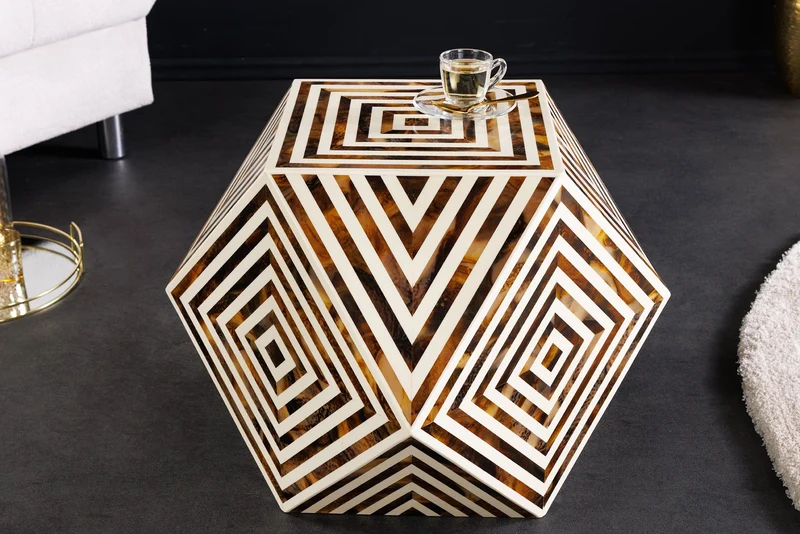 Table d'appoint en marqueterie d'os HARMONY NATURE 60 cm marron blanc incrustation artisanale