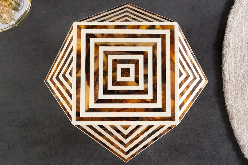 Table d'appoint en marqueterie d'os HARMONY NATURE 60 cm marron blanc incrustation artisanale