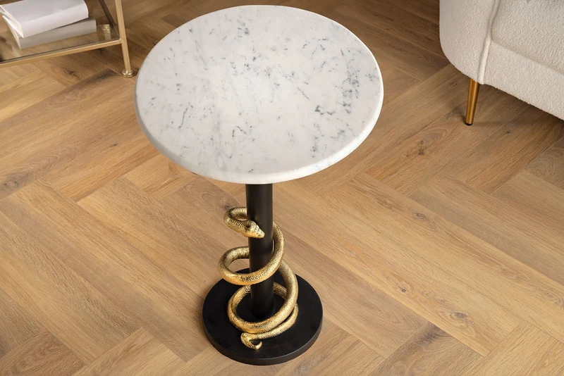 Table d'appoint ronde WILDLIFE SNAKE 55cm marbre blanc doré noir sculpture serpent