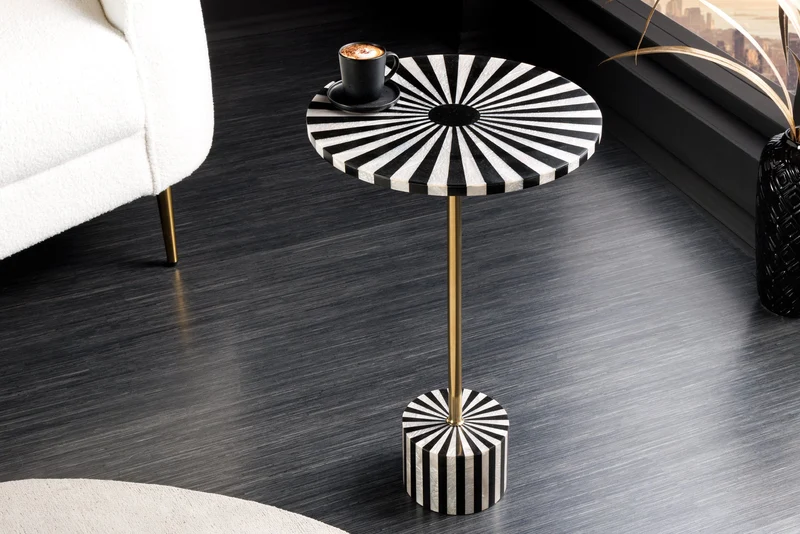Table d'appoint en marqueterie d'os HARMONY NATURE 55 cm noir blanc incrustation artisanale