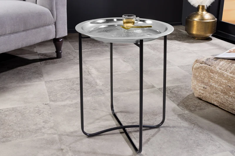 Table d'appoint orientale CASABLANCA 50cm plateau noir argenté amovible pliable