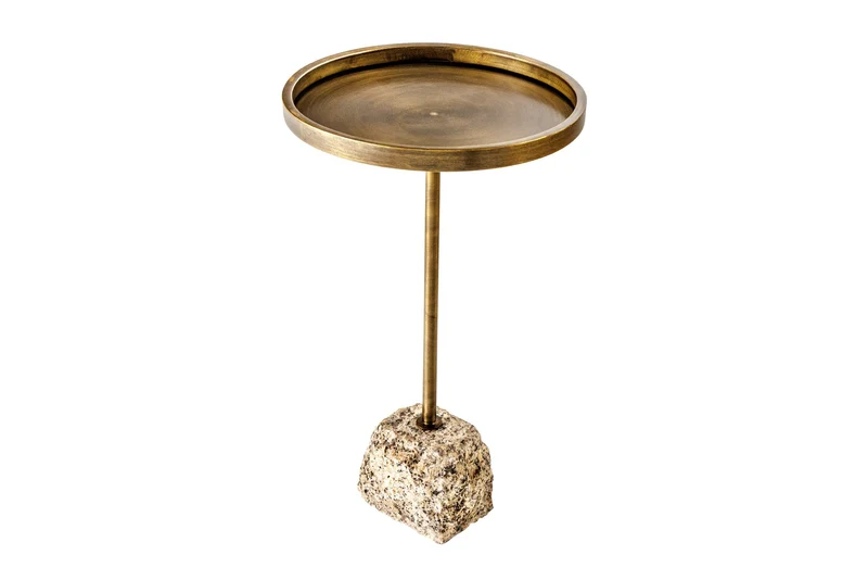 Table d'appoint TRAYFUL 60 cm, faite à la main, en laiton antique, fer et base en marbre naturel