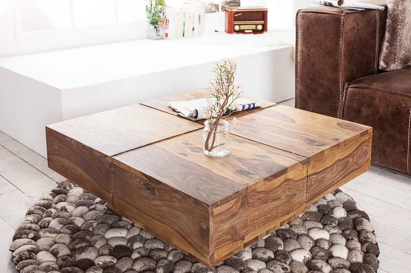 Table basse design en bois massif BOLT 70cm marron finition pierre de Sheesham faite main