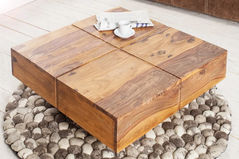 Table basse design en bois massif BOLT 70cm marron finition pierre de Sheesham faite main