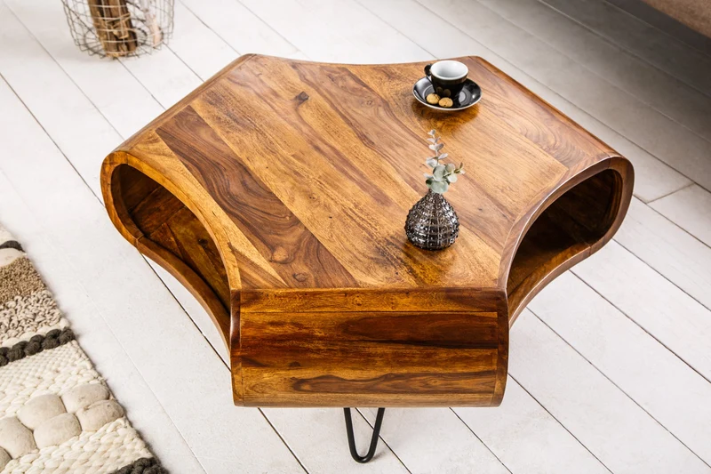 Table basse rétro ORGANIC LIVING 90cm marron bois massif de Sheesham finition pierre espace de rangement