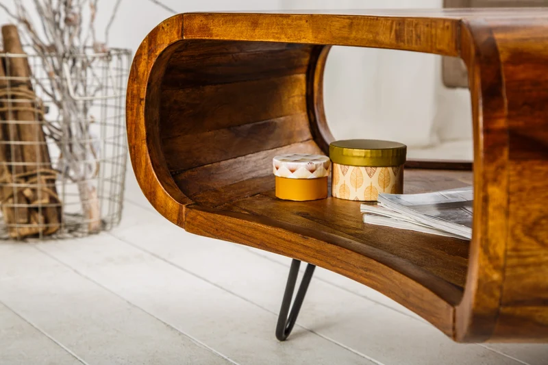 Table basse rétro ORGANIC LIVING 90cm marron bois massif de Sheesham finition pierre espace de rangement