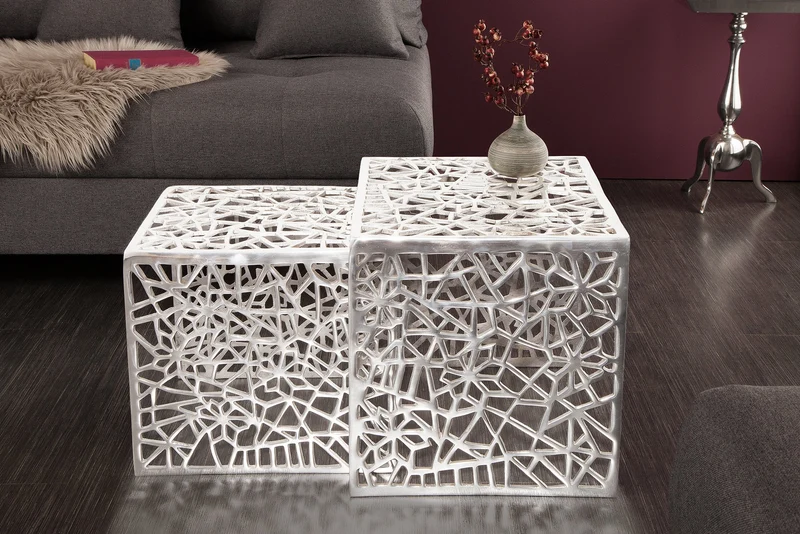 Table basse artisanale ABSTRACT 49cm lot de 2 argent au design Gap