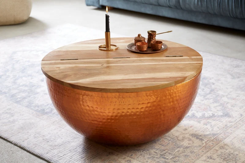 Table basse ronde ORIENT STORAGE 60cm en bois d'acacia martelé cuivré fait main avec espace de rangement