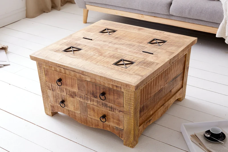 Table basse solide IRON CRAFT 70cm en bois de manguier avec tiroirs et espace de rangement