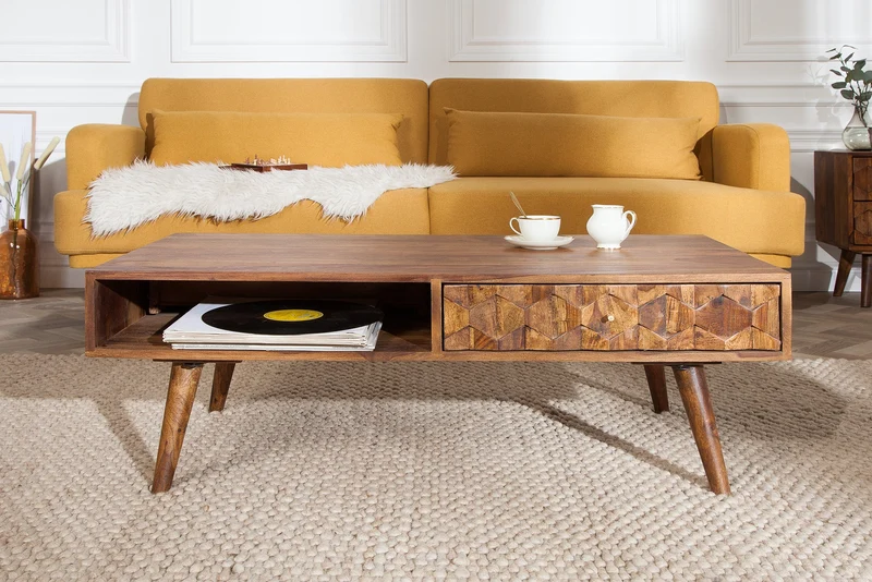 Table basse en bois massif MYSTIC LIVING 100cm finition pierre de Sheesham marron avec espace de rangement