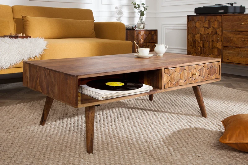 Table basse en bois massif MYSTIC LIVING 100cm finition pierre de Sheesham marron avec espace de rangement
