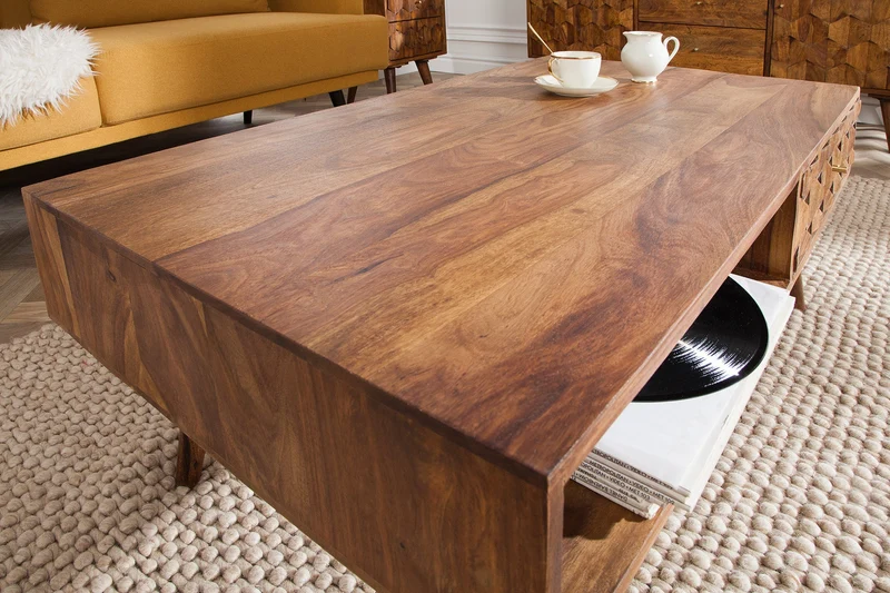 Table basse en bois massif MYSTIC LIVING 100cm finition pierre de Sheesham marron avec espace de rangement