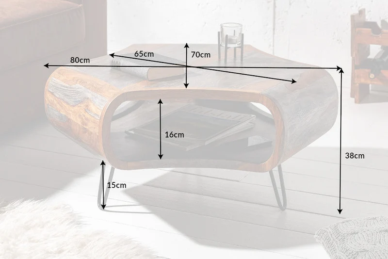 Table basse rétro ORGANIC LIVING 80cm finition fumée grise pieds épingles en bois massif de palissandre de Sheesham