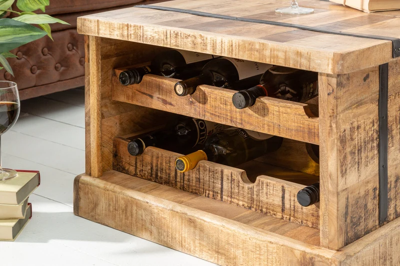 Table basse en bois massif BODEGA 100 cm, coffre de bar en bois de manguier avec espace de rangement