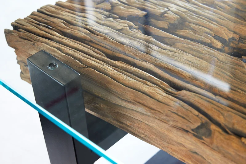Table basse design BARRACUDA 130cm bois de teck recyclé plateau verre acier inoxydable noir industriel
