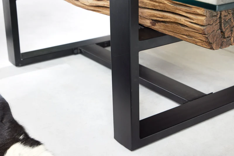 Table basse design BARRACUDA 130cm bois de teck recyclé plateau verre acier inoxydable noir industriel