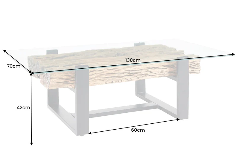 Table basse design BARRACUDA 130cm bois de teck recyclé plateau verre acier inoxydable noir industriel