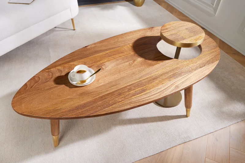 Table basse en bois massif GATSBY 110 cm marron doré manguier ovale ronde table d'appoint lot de 2 design rétro