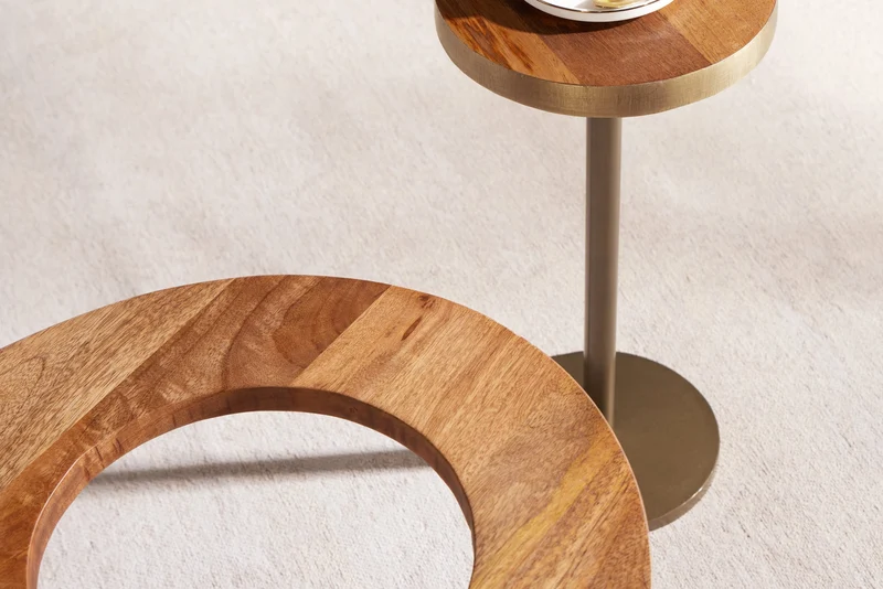 Table basse en bois massif GATSBY 110 cm marron doré manguier ovale ronde table d'appoint lot de 2 design rétro