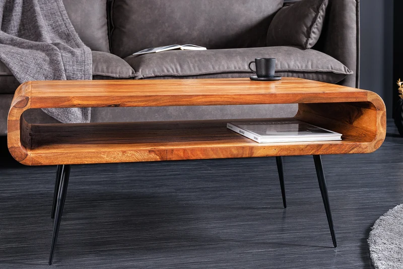 Table basse en bois massif ALPHA 90cm marron finition pierre de Sheesham pieds métal avec espace de rangement