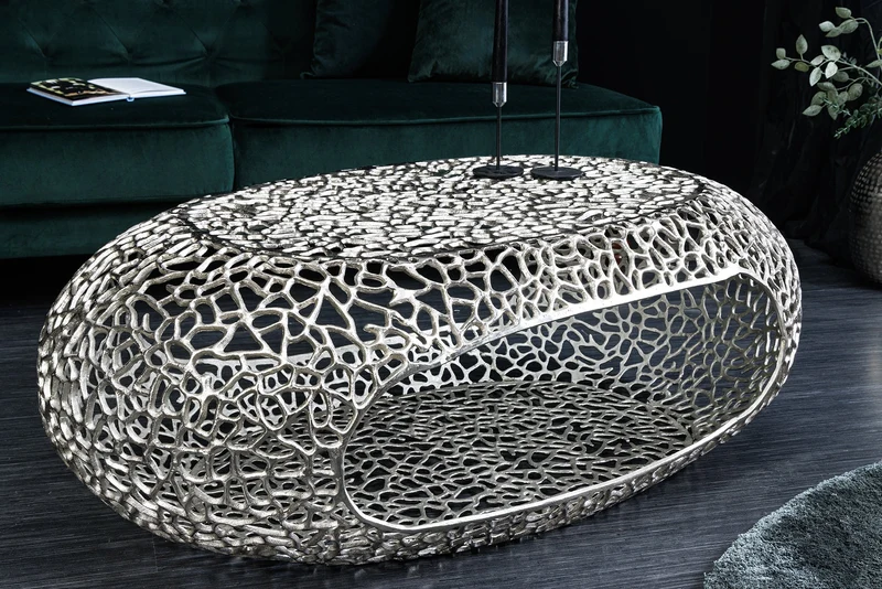 Table basse artisanale ORGANIC 120cm design feuille métal argenté avec espace de rangement