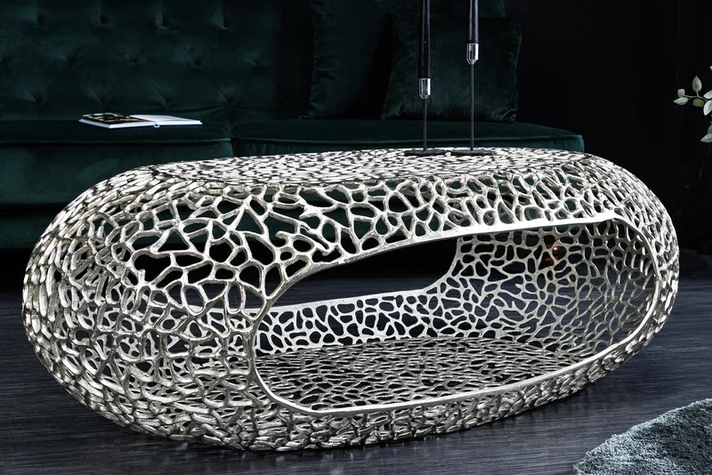 Table basse artisanale ORGANIC 120cm design feuille métal argenté avec espace de rangement