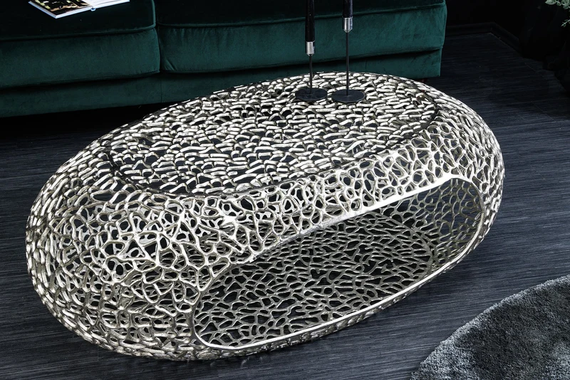 Table basse artisanale ORGANIC 120cm design feuille métal argenté avec espace de rangement