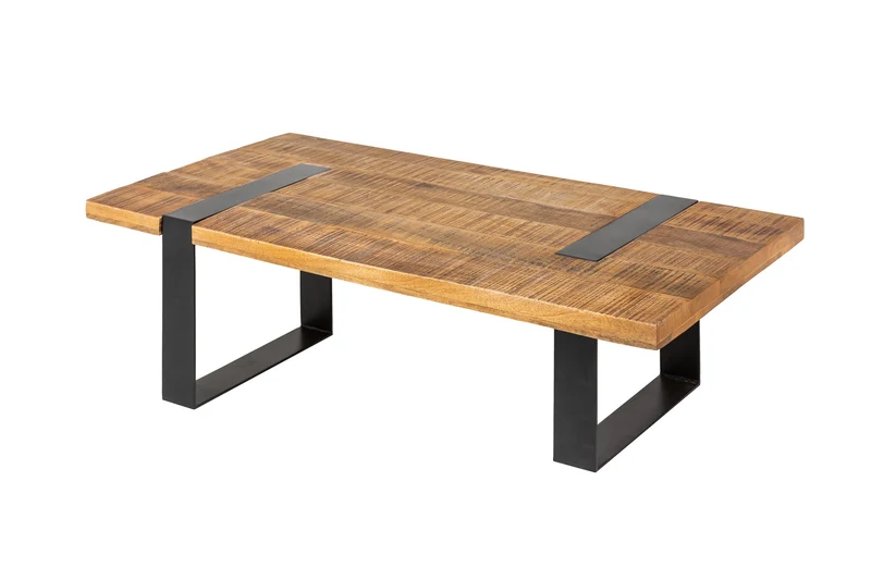 Table basse solide IRON CRAFT 100cm marron bois de manguier naturel métal noir