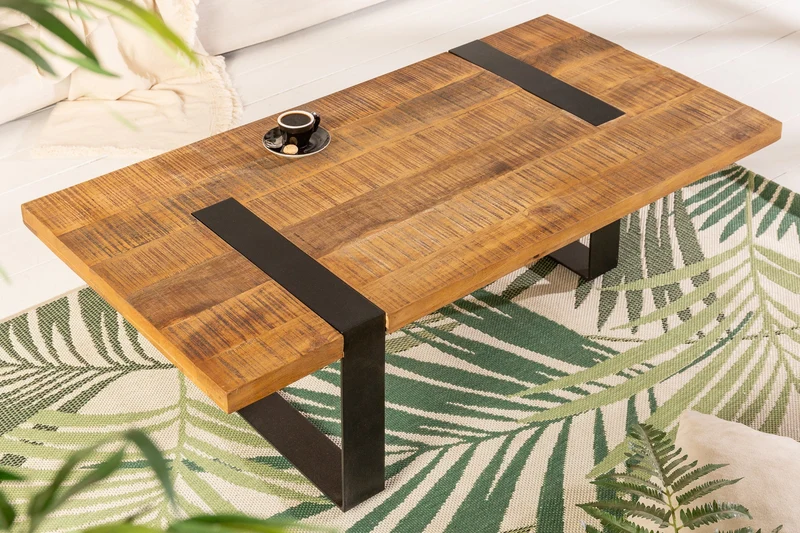 Table basse solide IRON CRAFT 100cm marron bois de manguier naturel métal noir