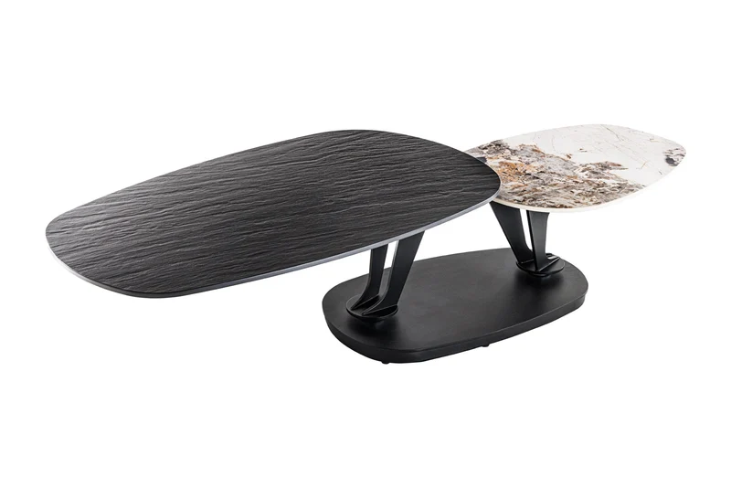 Table basse design MOVEMENT noire ronde rotative Pandora en céramique avec structure en métal