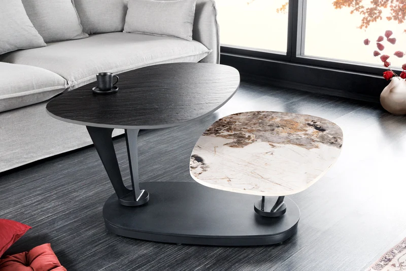 Table basse design MOVEMENT noire ronde rotative Pandora en céramique avec structure en métal