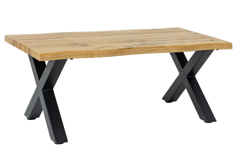 Table basse industrielle WILD 90cm aspect chêne sauvage marron bord d'arbre en métal noir