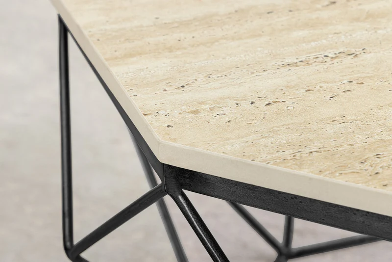 Table basse artisanale DIAMOND 70cm beige travertin fer noir