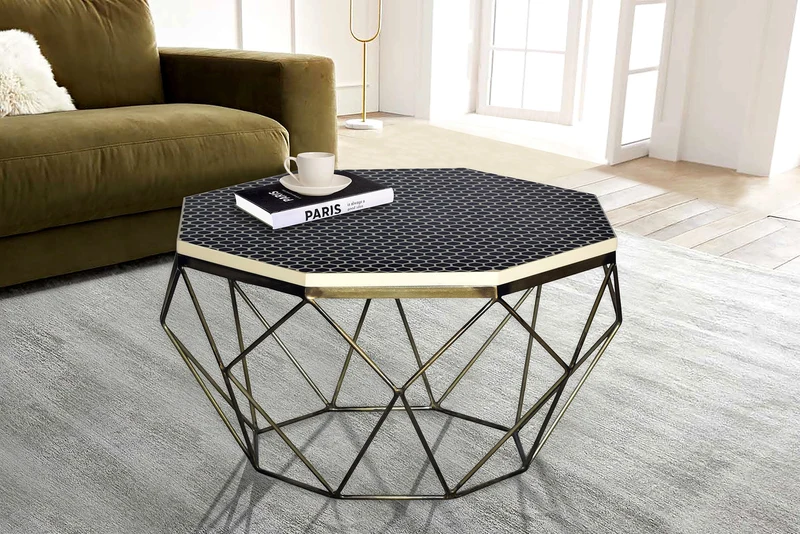 Table basse en marqueterie d'os DIAMOND 70 cm, noir et blanc, incrustation de laiton, artisanat