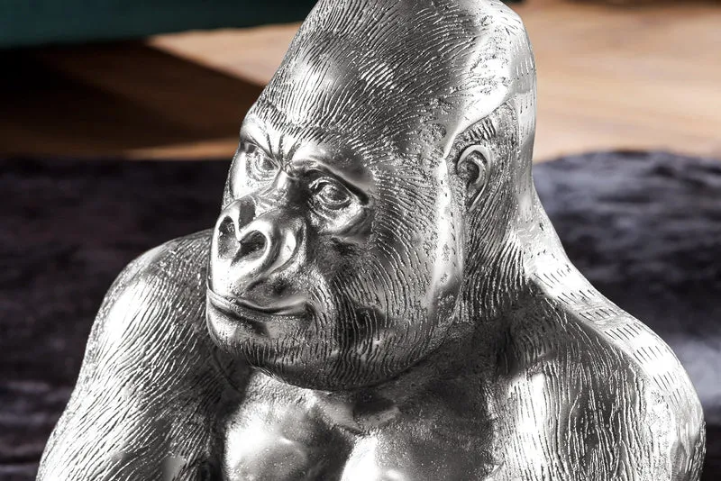 Table basse ronde WILDLIFE KONG 60cm métal argenté verre singe figure gorille sculpture fait main
