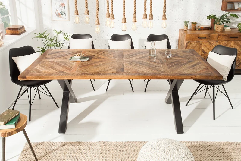 Table à manger solide INFINITY HOME 160 cm en bois de manguier noir naturel design industriel cadre en X