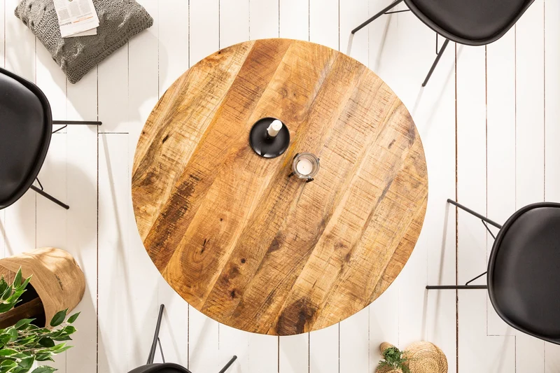 Table à manger solide IRON CRAFT 80cm ronde en bois de manguier naturel