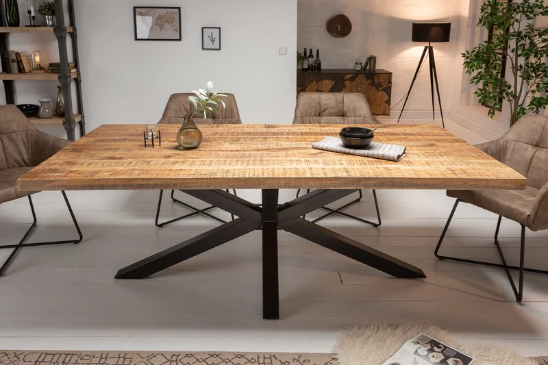 Table à manger industrielle solide GALAXIE 180cm en bois de manguier structure en forme d'étoile