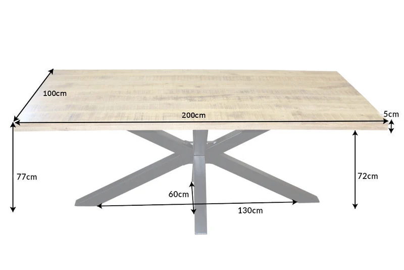 Table à manger industrielle solide GALAXIE 200cm en bois de manguier structure en forme d'étoile